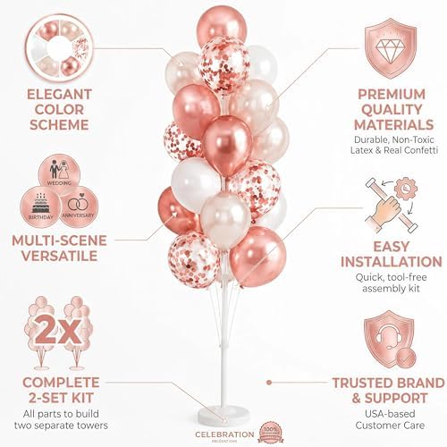 HIINS Rose Gold White Balloon Stand Kit Set of 2 with Base for Party Decor - Image 3