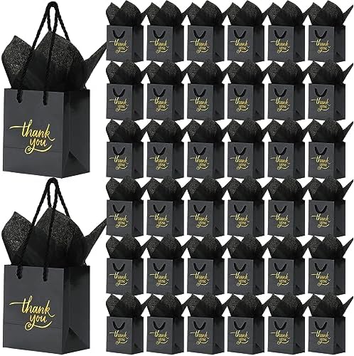 Yeaqee 100 Pack Mini Gift Bags Bulk 4 x 2.75 x 4.5 Inch Small Thank You Paper Bags with Handle and Tissue Paper for Wedding Birthday Baby Shower Business Graduation Party Favors(Black) by Yeaqee