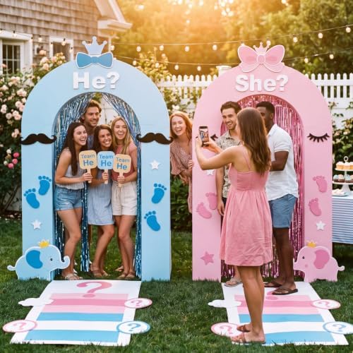 Haull Gender Reveal Party Decorations Set He or She Porch Banners Pink and Blue Foil Fringe Curtains Boy or Girl Rug Photo Backdrop for Baby Shower Party Door Entryway Decor - Image 2