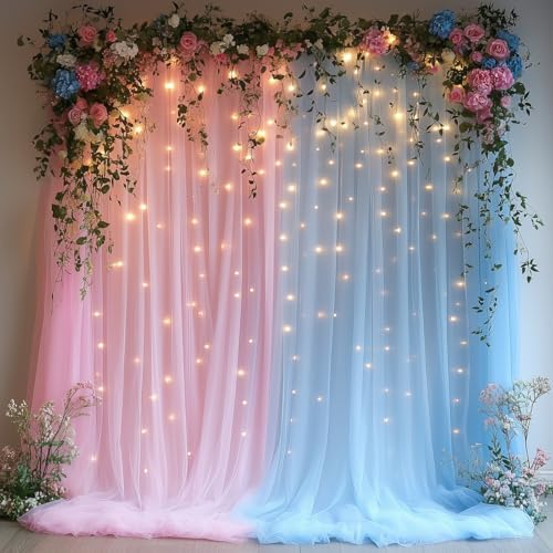 10x10ft Pink Blue Tulle Backdrop Curtain with String Lights, Wrinkle-Free Sheer Wedding Backdrop for Birthday Parties, Baby Showers, Bridal Showers, Photo Shoots and Home Decor, Pink Blue by Unknown