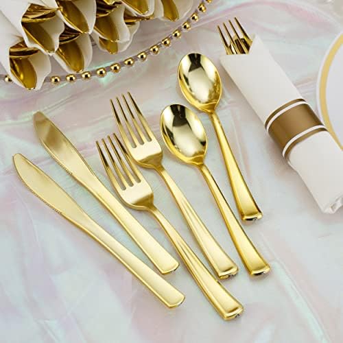 50 Pack Pre Rolled Gold Plastic Silverware Set with Napkins,Disposable Wrapped Heavy Duty Cutlery Set for Wedding Birthday Party-50 Forks,Knives,Spoons,Napkins,Utensils Set,Plasticware Bulk - Image 5