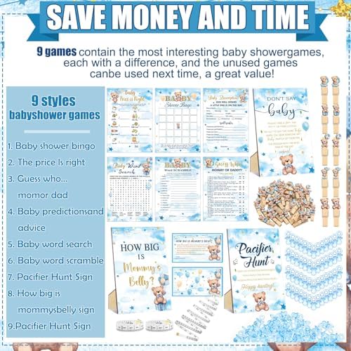 Sherr 476 Pcs Blue Bear Baby Shower Games, 9 Styles Baby Shower Activities - Image 4