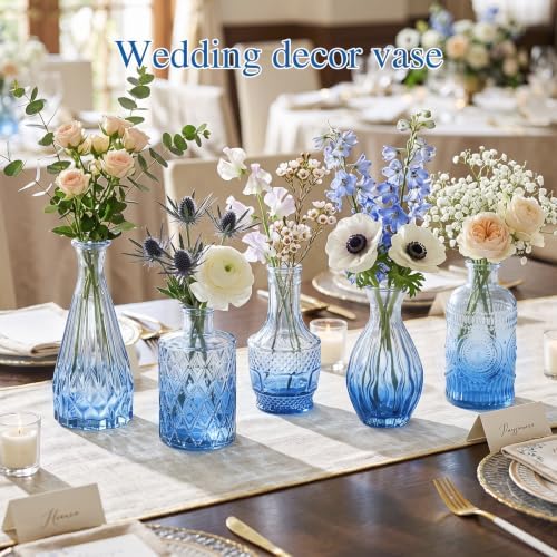 Fixwal Set of 18 Blue Bud Vases for Flowers, Vintage Clear Glass Vases Small Vases for Centerpieces for Home Table Decor Rustic Wedding Decorations - Image 4
