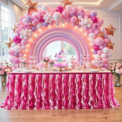 Wish Care 17ft Pink Sequin Table Skirt for Rectangle Tables Glitter Fringe Fuchsia Tutu Skirts Ruffle Tablecloth Teacher Desk Skirt for Classroom Princess Girls Birthday Baby Shower Party Table Decor by WishCare