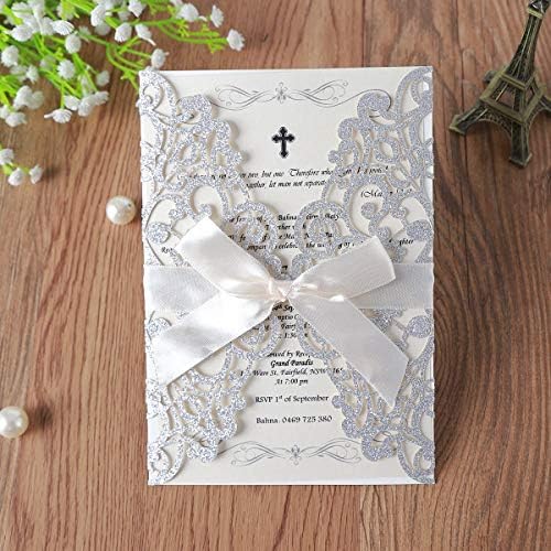 Hosmsua 50PCS Personalized Laser Cut Wedding Invitation Cards with Ribbon 5.12 x 7.3'' Lace Flora Wedding Invitations for Quinceanera Birthday invites (Sliver Glitter) Customized Printed - Image 6