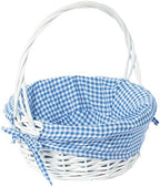Wicker Gift Basket with Handle and Liner, 11 Inch White Willow Round Basket with Blue Gingham Liner for Easter, Picnic, Wedding, Flower Girl, Foraging, Storage and Home Decor - Wickerwise by Wickerwise