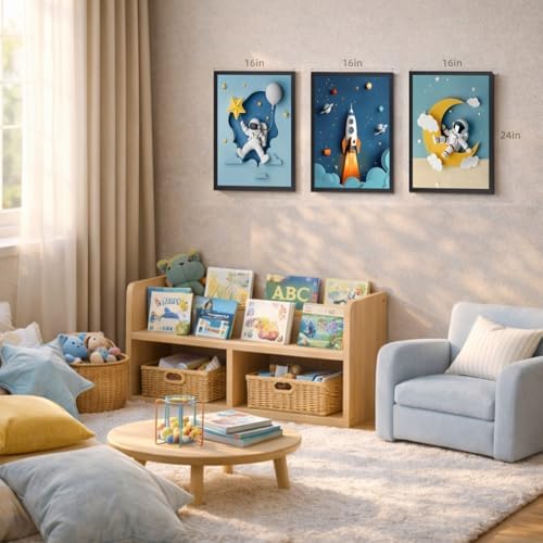 PORENY Astronaut Nursery Wall Art Set of 3, Rocket Moon Planet Canvas Prints, Cute Outer Space Nursery Decor, Space Theme Kids Room Artwork for Baby Boys Girls Bedroom Wood Framed 12x16 Inch - Image 5
