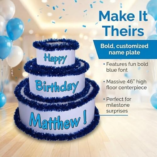 Anderson's White & Blue Personalized Pop-Out Birthday Cake, Life-Size Faux Cake with Fun Font, Custom Name, Surprise Reveal Prop for Milestone Parties, Photo Ops, Store or Business Events - Image 2