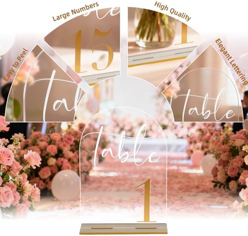Arch Acrylic Wedding Table Numbers with Gold Font & Stands - 5''x7'' Clear Acrylic Table Number Signs for Wedding Reception, Anniversary, Event & Party Decor (Set 1-10) - Image 5