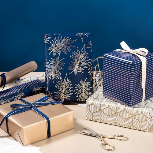 WRAPAHOLIC 30 Inch Navy Wrapping Paper - Jumbo Roll Gold and Navy Print with Cut Lines for Christmas, Birthday, Holiday, Father's Day, Baby Shower - 4 Rolls - 30 Inch x 120 Inch Per Roll - Image 2