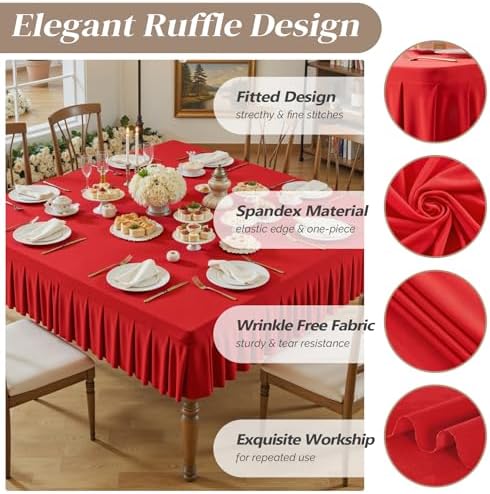 Wish Care Red Spandex Tablecloths for 60x60 Inch Square Tables, Stretch Fitted Table Clothes with Pleated Ruffle Skirt for 60” Table, Wrinkle Free and Elastic, for Party Kitchen Home Dining - Image 5