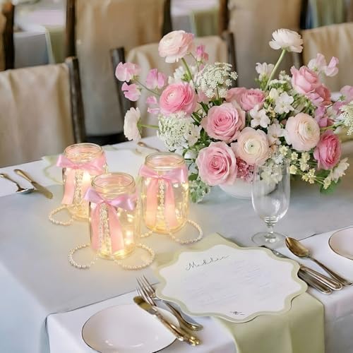 6 Sets Mason Jars Centerpieces with Light for Table, Pink Bow - Image 4