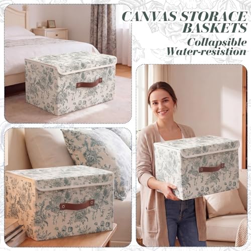 2 Pack Sage Green Floral Storage Bin with Lids, 15x10x10 Inch - Image 4