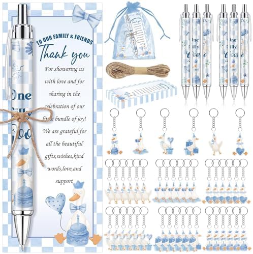 145 Pieces Silly Goose Baby Shower Favors for Guest Goose Ballpoint Pens and Keychains Gifts for Boys Girls Bulk Retractable Baby Shower Pens Gender Reveal Thank You Cards Souvenirs Prizes by EYNDYN
