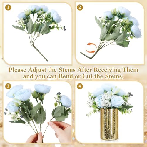 Suncalla 6 Sets Gold Cylinder Vases Artificial Peony Candle Holders, Blue - Image 2