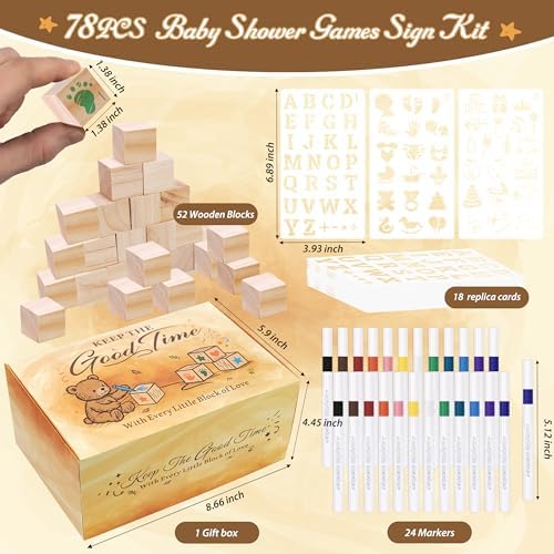 95 PCS Shower Games Sign Kit for Boys Girls, 1 Wooden Game Sign, 52 Blank Wooden Blocks for DIY Drawing, 24 Markers, 18 Stencils, Shower Game for Gender Reveal Activity Decorations - Image 2