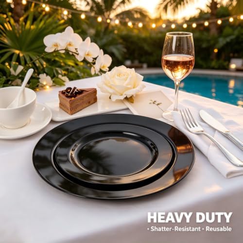 FLOWERCAT 60PCS Black Plastic Plates - Heavy Duty Black Disposable Plates for 30 guests Birthday Party/Wedding/Halloween- Include 30PCS 10.25inch Dinner Plates and 30PCS 7.5inch Dessert Plates - Image 3