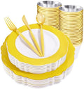 WDF 150pieces Yellow Disposable Dinnerware Hign-end Baroque Design - Sturdy&Durable Baroque Yellow Sunshine&Gold Plastic Dinnerware for Upscale Wedding/Birthday/Party by WDF