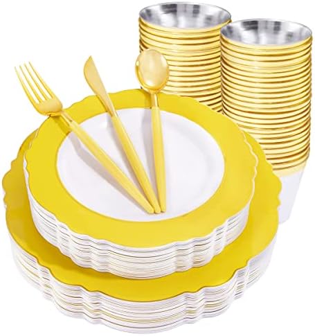 WDF 150pieces Yellow Disposable Dinnerware Hign-end Baroque Design - Sturdy&Durable Baroque Yellow Sunshine&Gold Plastic Dinnerware for Upscale Wedding/Birthday/Party by WDF