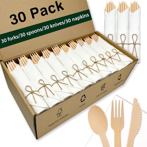 Pre Rolled Bamboo Silverware Set with Napkins - 30 Pack Bamboo Utensils by Unknown