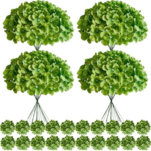 100 Pcs Faux Deep Green Hydrangea Artificial Flowers Bulk, Fake Silk Hydrangea Flowers Heads with Stems for Wedding Decorations Garden Party Baby Shower Porch Home Decor Table Centerpieces by Cherica