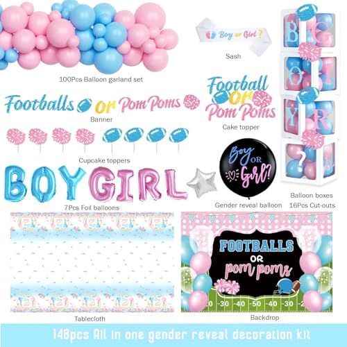 Football Gender Reveal Decorations, Baby Boy or Girl Gender Reveal Party Decor, Football or Pom Poms Backdrop Balloon Banner Tablecloth Cake Topper Box Sash for Touchdown Cheerleader Supplies - Image 2