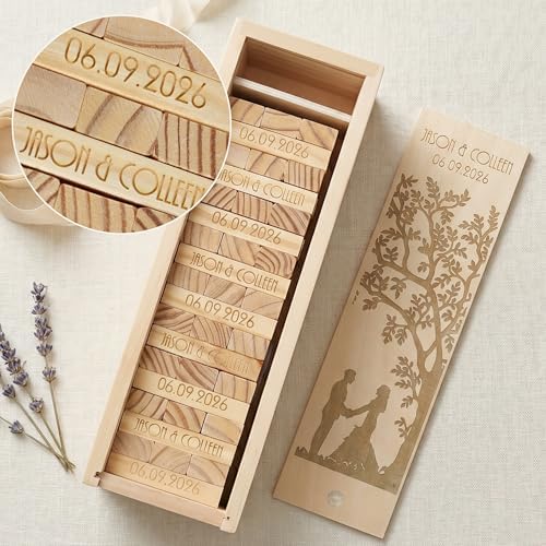 WE Games Personalized Guest Book Alternative, Wooden Memory Keepsake Box, 54 Blocks, Custom Engraved Couple with Tree - Engagement Party, Wedding Shower, Bachelorette Party - Image 3