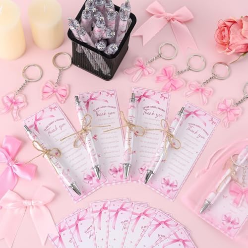 145 Pieces Pink Bow Baby Shower Favors for Guest Bow Coquette Ballpoint Pens and Keychains Gifts for Girls Bulk Retractable Baby Shower Pens Gender Reveal Thank You Cards Souvenirs Prizes - Image 4