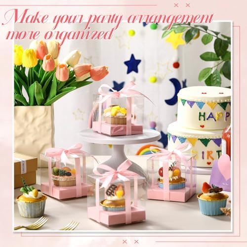 Thenshop 50 Pcs Clear Cupcake Boxes Individual 3.5 Inch, Pink - Image 4