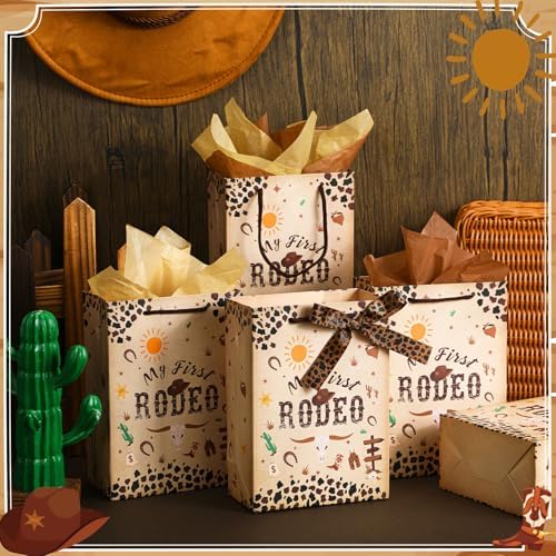 Weekgrat 50 Pcs My First Rodeo Birthday Party Favors Bags with Handles for Guest Western Cowboy 1st Birthday Gift Bag with Tissue Paper Ribbons Cowboy Candy Bag My First Rodeo Party Supply(Brown) - Image 4