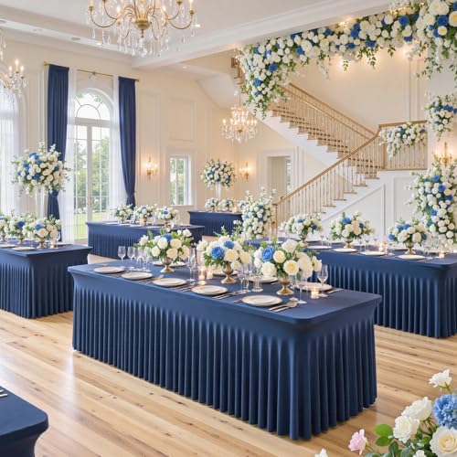 6 Pack 8ft Navy Blue Spandex Table Cloths for Rectangle Tables Wrinkle Free Rectangle Tablecloths, Stretch Fitted Table Cover with Skirt for Birthday Party Wedding Banquet Baby Shower Buffet Event - Image 2
