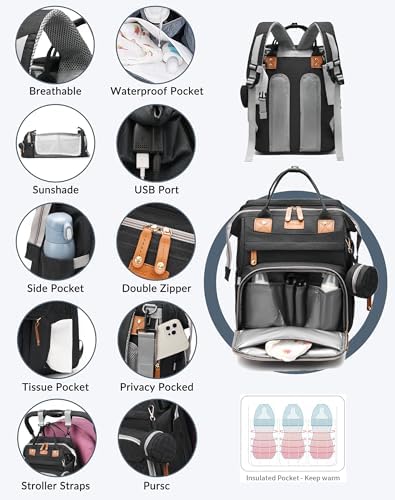 Astro alan Baby Diaper Bag with Changing Station, Waterproof Diaper Bag Backpack for Moms Dads with USB Charging Port, Baby Shower Gifts, Baby essentials, Black - Image 6