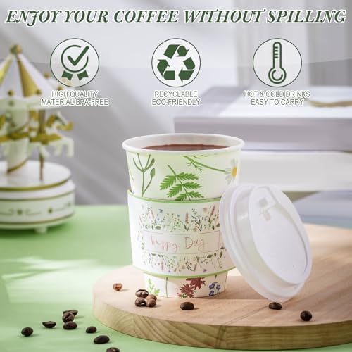 Remerry 100 Pcs 12oz Floral Disposable Coffee Cups with Lids and Sleeves Paper Insulated Drink Hot Coffee Paper Cups with Dome Lids and Sleeves for Party Wedding Birthday Baby Shower (Stylish) - Image 4