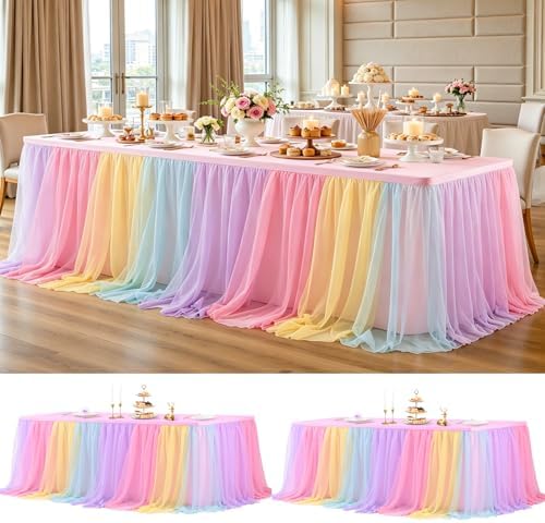 2 Pack Rainbow Tablecloth for 8 Foot Rectangle Tables Tulle Table Skirt by PartyTalk