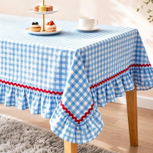 JarThenaAMCS Gingham Ruffle Tablecloth with Red Rick Rack Blue White Plaid Cotton Table Cloth Decorative Rectangle Farmhouse Table Cover for 4th of July Home Kitchen Party Decoration, 55 x 70 Inch by JarThenaAMCS
