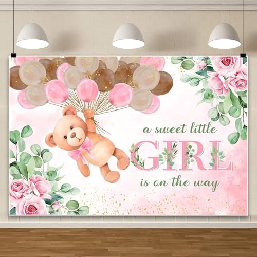 8x6ft Pink Bear Baby Shower Backdrop A Sweet Little Girl is On The Way Photography Background Baby Shower Banner for Girl Bear Party Decorations Newborn Photo Props - Image 3