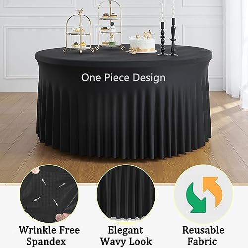 6 Pack Black Round Spandex Tablecloth for 60 inch Table, Wrinkle Free Stretchy 120inch Fitted 5FT Round Table Cloths Cover with Skirt for Wedding Birthday Party Dining Banquet Events - Image 3