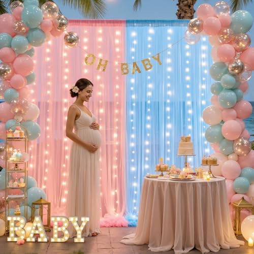 10ft x 10ft Pink Blue Tulle Photo Backdrop Curtain with Lights String for Gender Reveal Sheer Curtain Back Drop Baby Shower Backdrop for Boy or Girls Birthday Party Photo Booth Background Decorations - Image 2