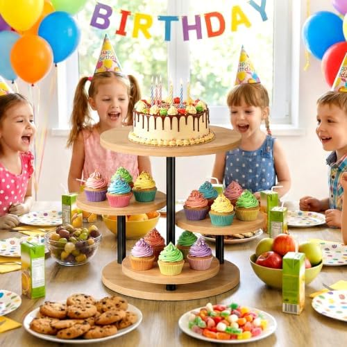 Cake Stand for 50 Cupcakes 360°Rotating Wooden Cupcake Display Stand Round Cookie Stands 4 Tiered Tray Stand for Parties Birthday Wedding Baby Shower Afternoon Tea Dessert Table, Oak - Image 2