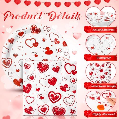 Ziliny 171 Pcs Valentine's Day Party Decorations Serve 24 Red Hearts Paper Plates Napkins Cups Banner Tablecloth Cutlery Valentine Day Anniversary Wedding Baby Shower Party Supplies - Image 5