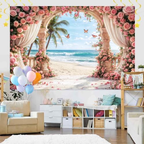 10X8FT Rose Backdrop Party Bridal Shower Photoshoot Valentine's Day Mother's Day Wedding Anniversary Baby Shower Summer Hawaiian Beach Ocean Photography Backdrop Palm Trees Photo Banner Supplies - Image 3