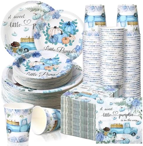 Hsei 250 Pcs Blue Pumpkin Plates Napkins Disposable Baby Shower Party Set by Hsei