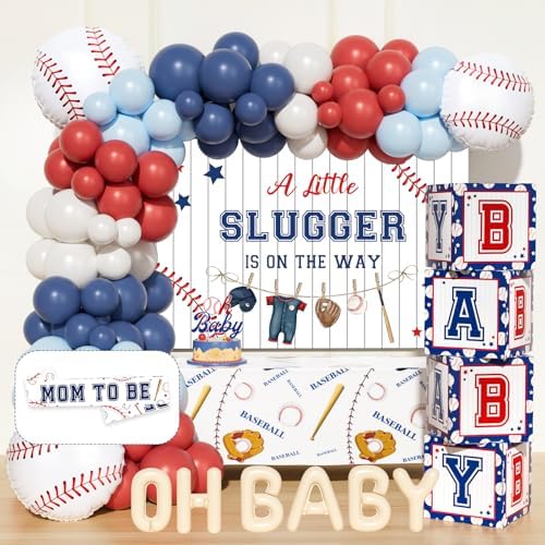 Baseball Baby Shower Decorations – 102 PCs A Little Slugger Is On The Way Backdrop, Balloon Garland Cake Topper Boxes Tablecloth Baseball Sash for Boy Baby Shower Party by Fiesec
