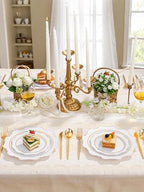 WDF 100PCS White and Gold Plastic Plates - Gold Disposable Plates - Include 50 Dinner & 50 Dessert Plate for Party - Heavy Duty Fancy Plastic Plate for Wedding/Thanksgiving/Bridal shower (Pack of 2) - Image 2