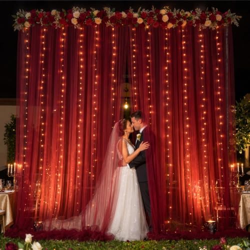 20x10ft Burgundy Tulle Backdrop Curtain with Lights String for Parites, Sheer Backdrop Curtains for Wedding Baby Shower Birthday Party Photo Shoot Decorations - Image 4