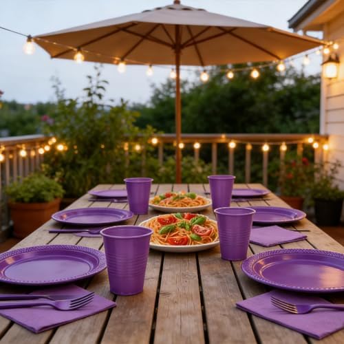 200pcs Purple Plastic Plates Party Supplies, Disposable Purple Party Plates, 50 of Each 9" Dinner Plate, Napkins, Cups & Cutlery Dinnerware Party Decorations for Birthday, Wedding, Halloween - Image 4