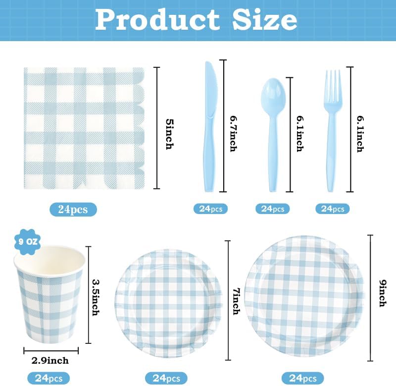 168Pcs Gingham Party Supplies for 24 Guests Thick Paper Plates and Napkins Knives Spoons Forks Cups Disposable Party Set Cutlery for Dinner Baby Shower Wedding Favor(Blue) - Image 2