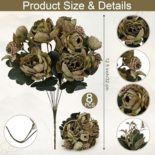 8 Bouquets of Artificial Peonies - Vintage Green - Image 2