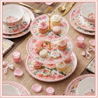 Lallisa Pink Floral Party 3 Tier Dessert Stand 10", 9" and 7" Ceramic Serving Tray Dessert Cupcake Display Holder Tower for Wedding Baby Bridal Shower Tea Party Decoration - Image 4