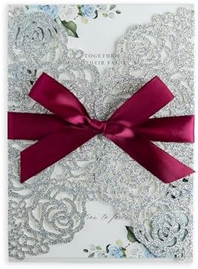 ponatia 25PCS Silver Glitter Wedding Invitations Cards Laser Cut Hollow Rose With Burgundy Ribbon For Bridal Shower Engagement Birthday Graduation Invite by ponatia